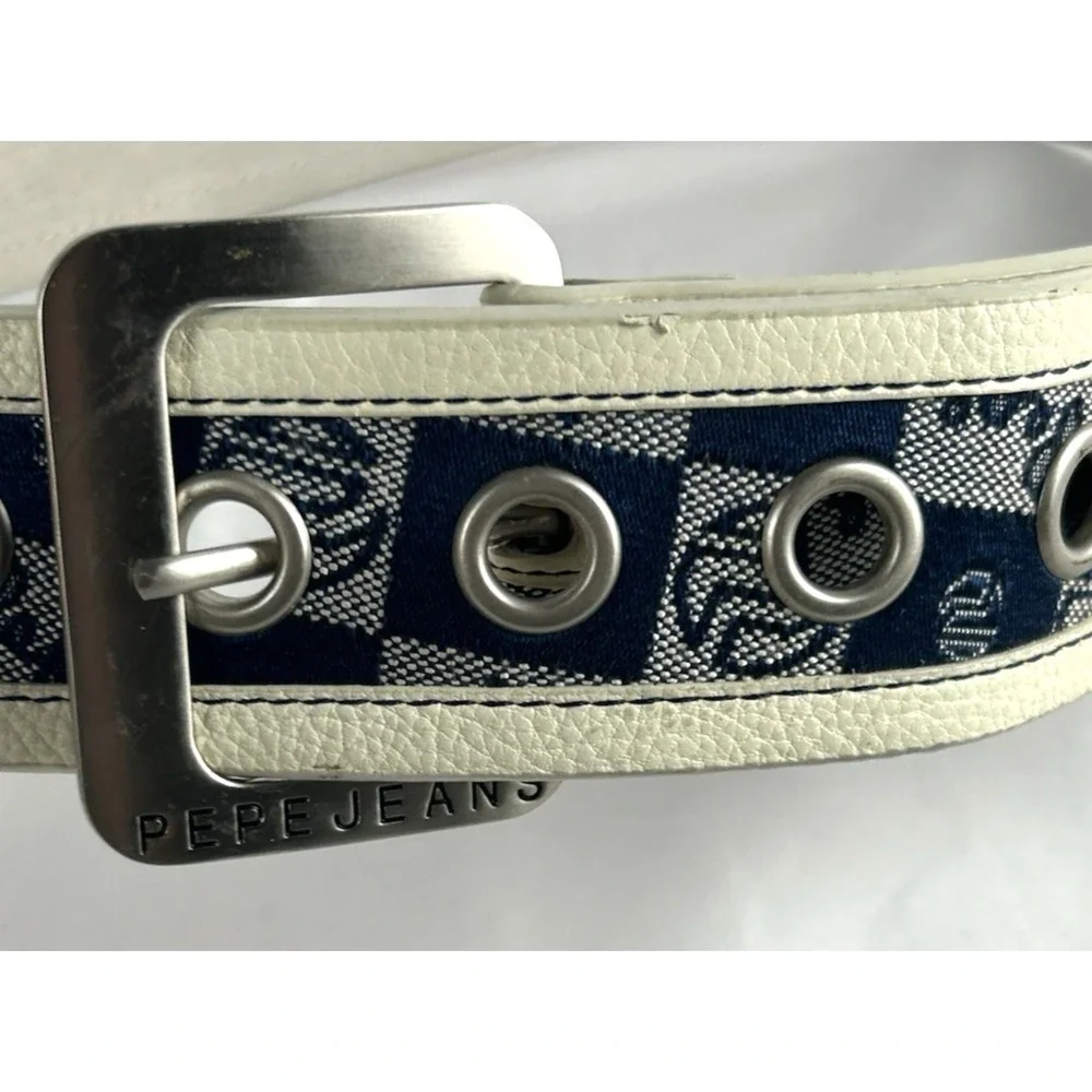 Unworn Vtg Pepe Jeans Blue White Logo Leather Belt Womens Sz L Spellout Y2K 90s